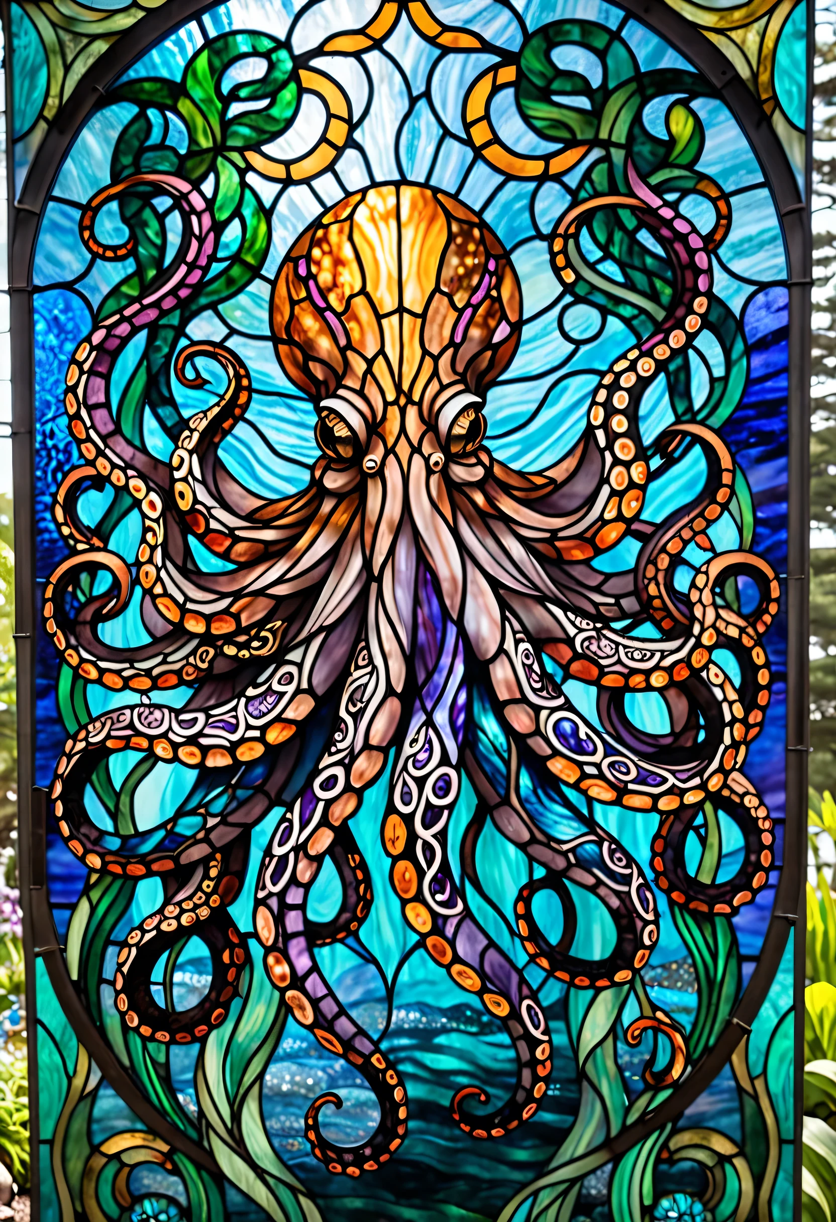 a close up of a stained glass picture of an octopus, cthulhu squid, cephalopod, anthropomorphic octopus, octopus goddess, stained glass art, vivid tentacles, leviathan cthulhu squid, cthulhu, photo of cthulhu, octopus, an octopus'garden, portrait of an octopus goddess, octopus tentacles, by Meredith Dillman, cthulhu rising from the ocean