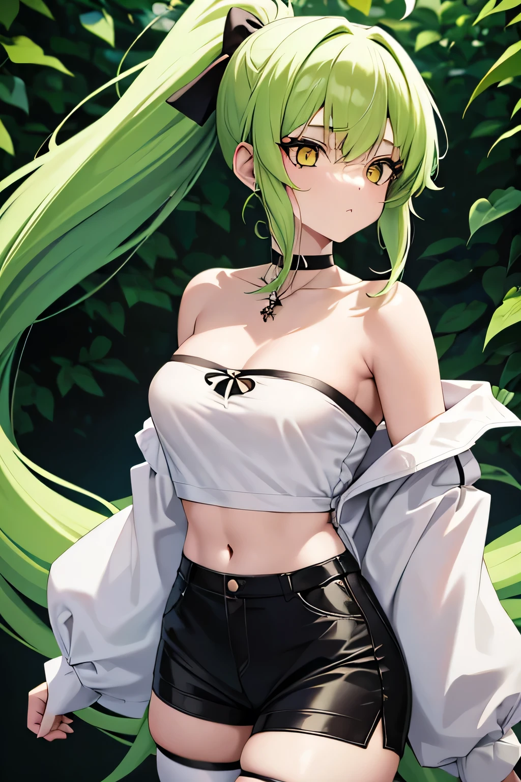 "Anime-style young girl with long green hair tied in a high ponytail, wearing a white off-shoulder blouse with black straps, black high-waisted shorts, and white thigh-high stockings. She has yellow eyes and is wearing black sneakers with green accents. Accessories include a black choker and a necklace with a pendant. ”