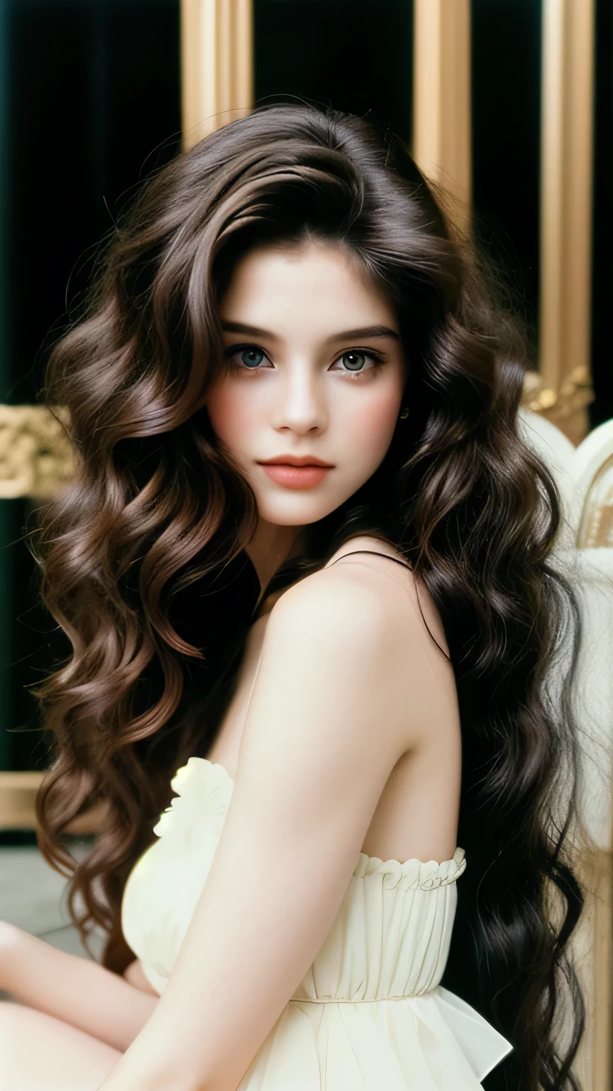 very beautiful dreamy girl, supermodel face, wavy Hair with highlights, 1990 quiet luxury black fashion style, mansion background, pale skin, film analog, grainy film