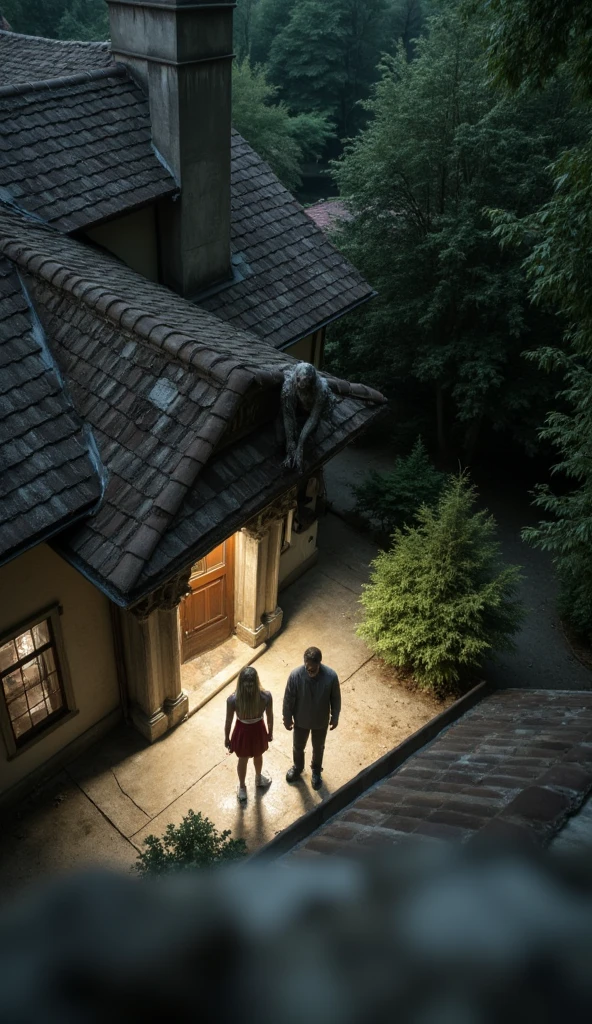 Overhead shot ， a zombie on top of the eaves， from the roof getting ready to jump down ， the roof of the villa ，下方的地面站着一个穿灰色夹克的男人和一个穿红色啦啦队队服的金发女子，A man in a gray jacket and a blonde woman in a red cheerleader uniform stand on the ground under the spotlight ，Blur 