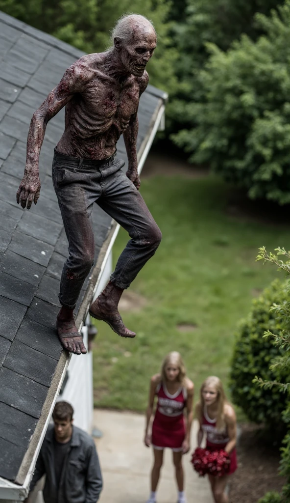 Overhead shot ， a zombie on top of the eaves， from the roof getting ready to jump down ， the roof of the villa ，A man in a gray jacket and a blonde woman in a red cheerleader uniform are standing on the ground below，A man in a gray jacket and a blonde woman in a red cheerleader uniform stand on the ground under the spotlight ，Blur 。daytime