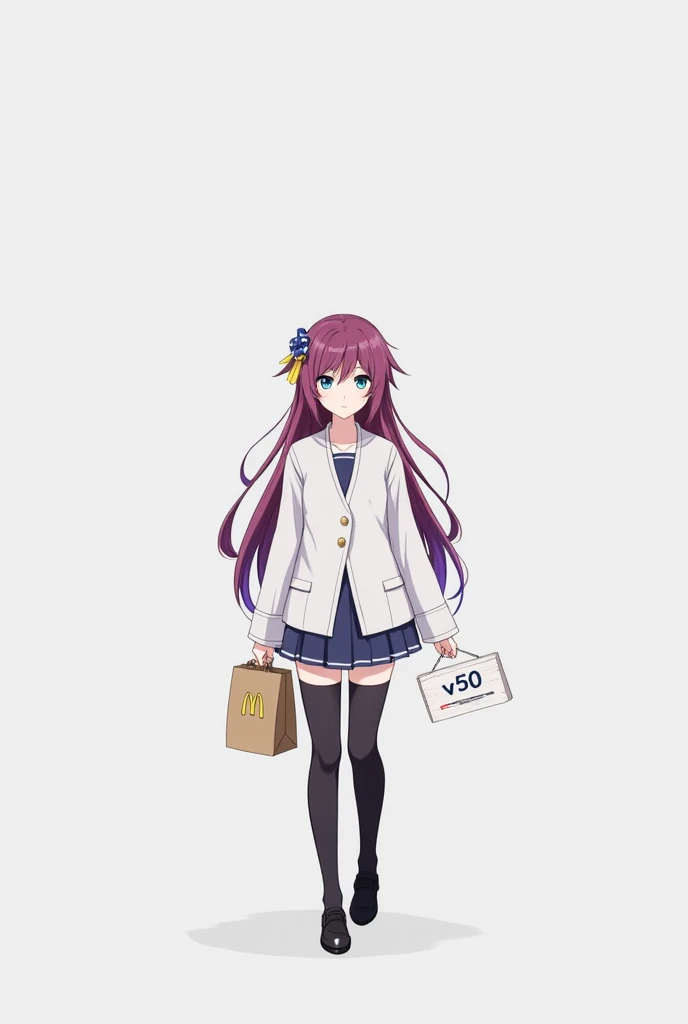 (grey background:1.2),looking at viewer,(SOLO:1.4),outline,simple background,full body,looking at viewer,(((arms at side))),,fu hua, fu hua cgver, long hair, bangs, blue eyes, hair between eyes, ponytail, hair ornament, grey hair, blue hair, Holding a McDonald's paper bag in the left hand and raising a white wooden sign with "V50" written on it in the right hand.