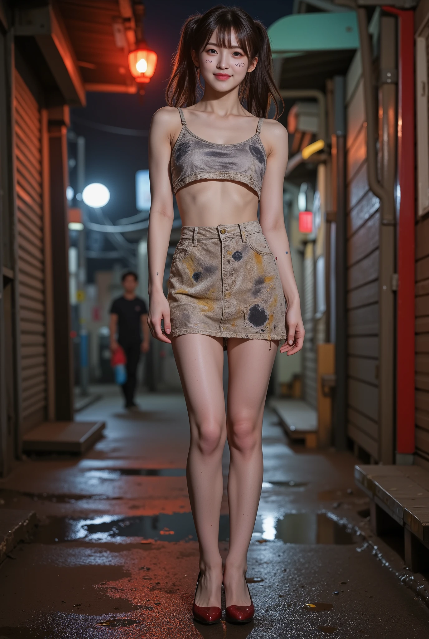 NSFW,
realistic, Press photo, Documentary Technique,
hasselblad, 85mm f1.4 zeiss lens, HDR,
(full body visible:1.5), 
In this photo she is seen from head to toe,
the ground she is standing on is wet,
facing the camera, looking at the camera,
young korean girl,
pony tail, bangs,
Her face resembles "Arin" from "OH MY GIRL",
she is lowteen,
big round brown eyes, 
she has very white skin, 
she has dark brown hair, 
her legs is little fat, 
she height is 153cm,
she is a just little smile,
The miniskirt she is wearing seems to be an idol's stage costume but it is worn out and very dirty,
Her clothes are old and very dirty,
She's not wearing underwear, 
she's not wearing panties,
she is very dirty,
she has whore's tattoo, 

She is a slum dweller and is very dirty,
she looks unhealthy,
she prostitutes herself in the slums,
her customers are beggars,
she has many wart,
she has many scars,
Her clothes have a lot of stains,
some of stains are black some yellow some red,
Her clothes are torn in places,

She is standing in front of a cheap brothel in a slum at night,
The slums are dark at night, 
only the brothel's red lantern glows dimly,
She smiles sweetly at the men passing by and beckons them to come,