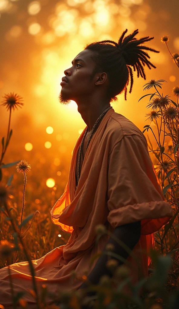 Un jeune africain musclé, agenouillé devant la fleur dorée, tend la main pour la cueillir. Son visage est empreint de tristesse et de détermination, ses yeux fixés sur la fleur. Derrière lui, un ciel crépusculaire avec des teintes rouges et violettes, symbolisant la fin de son voyage. Une aura lumineuse commence à l'envelopper, montrant que son sacrifice est imminent. L’image est poignante, évoquant un dernier adieu.