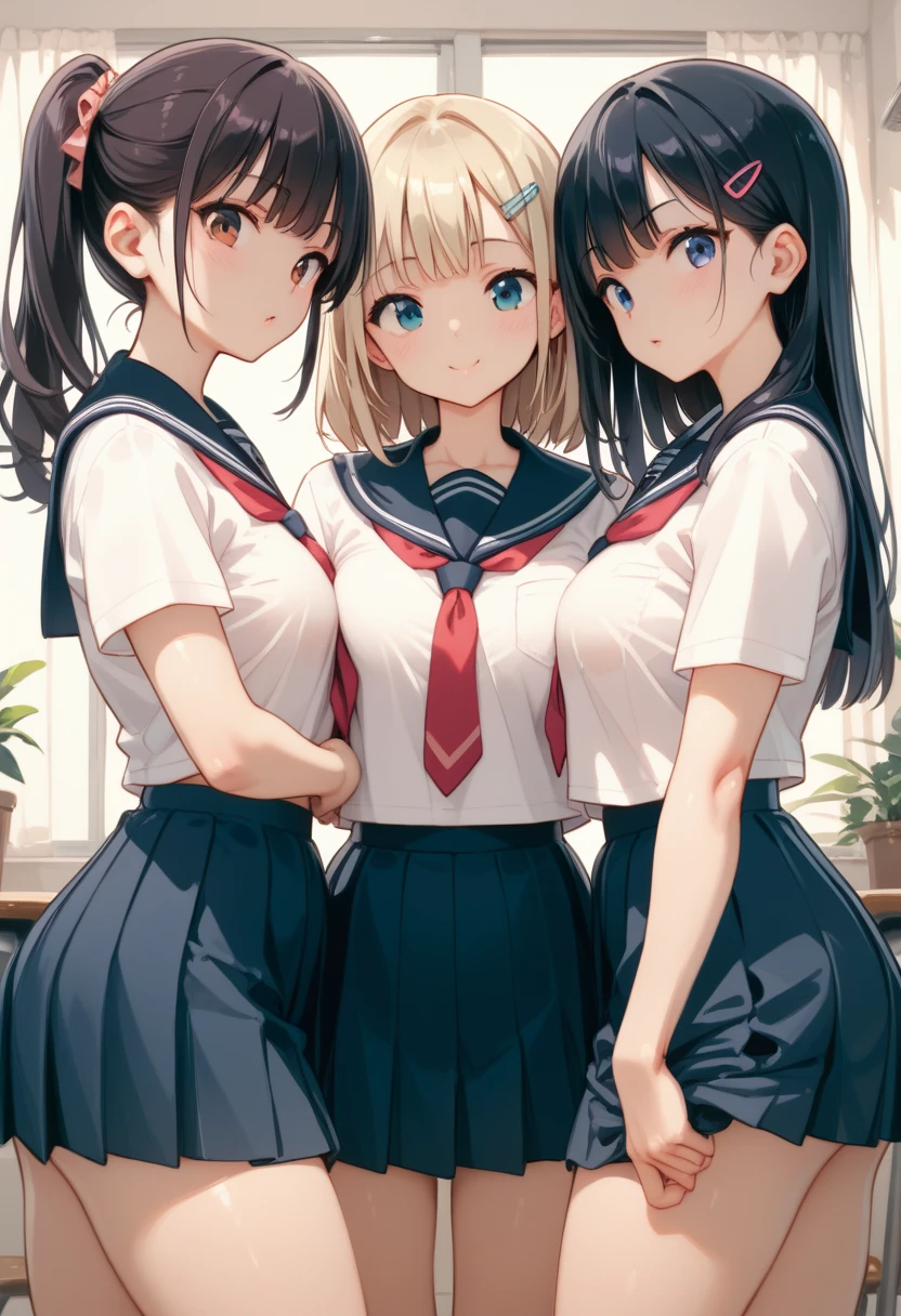 Three girls. Wearing school uniforms, standing next to each other. 