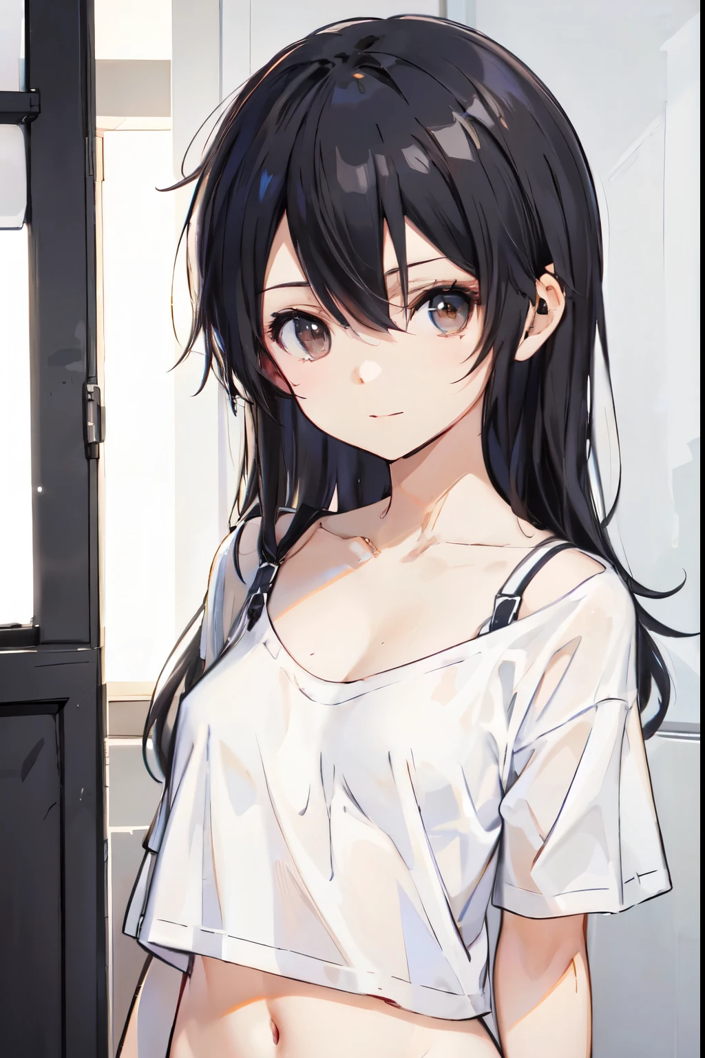   are of the best quality,   high resolution,、  Brown Eyes  、High Aims、 Black Hair、( long hair:1.3),  Straight Hair  、7 Really Small  、Navel、  White Short Sleeve Tee
Ong hair，Female Kirito  ， big breasts (d), Chest, 