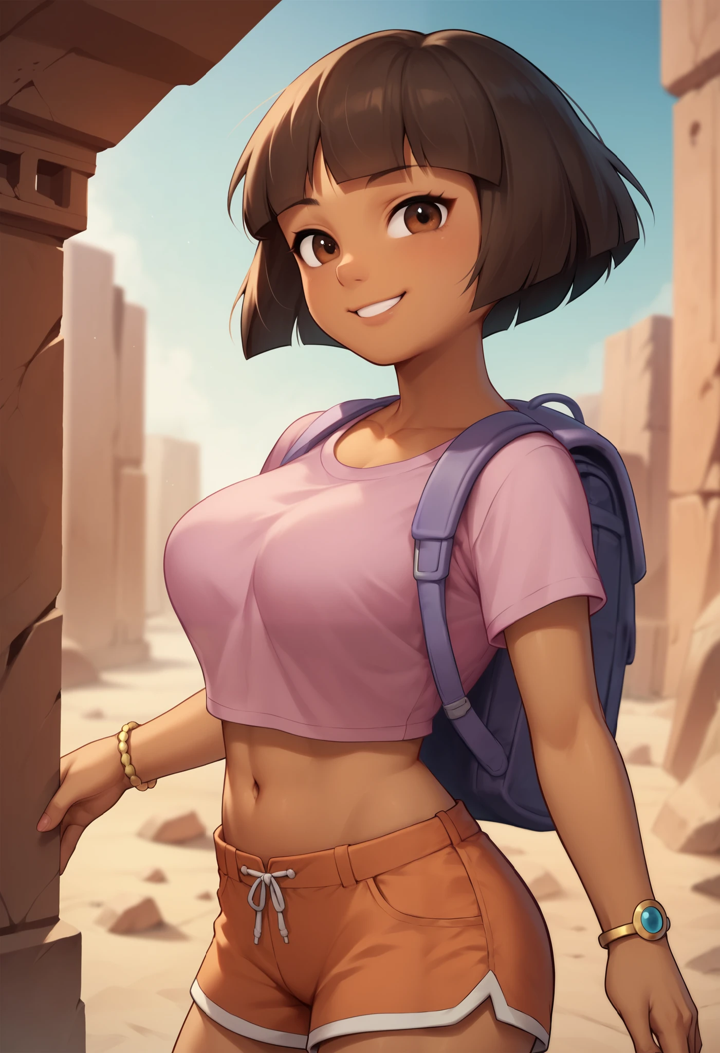  solo, From the front, symmetrical composition, smile, cute, smug face, large breasts, Dora,  brown eyes, desert ruins, dark-skinned female, (tan), bob cut, pink shirt, cutoff shirt, bare midriff, loose shirt,  orange shorts, bracelet, backpack, (slender athletic body)