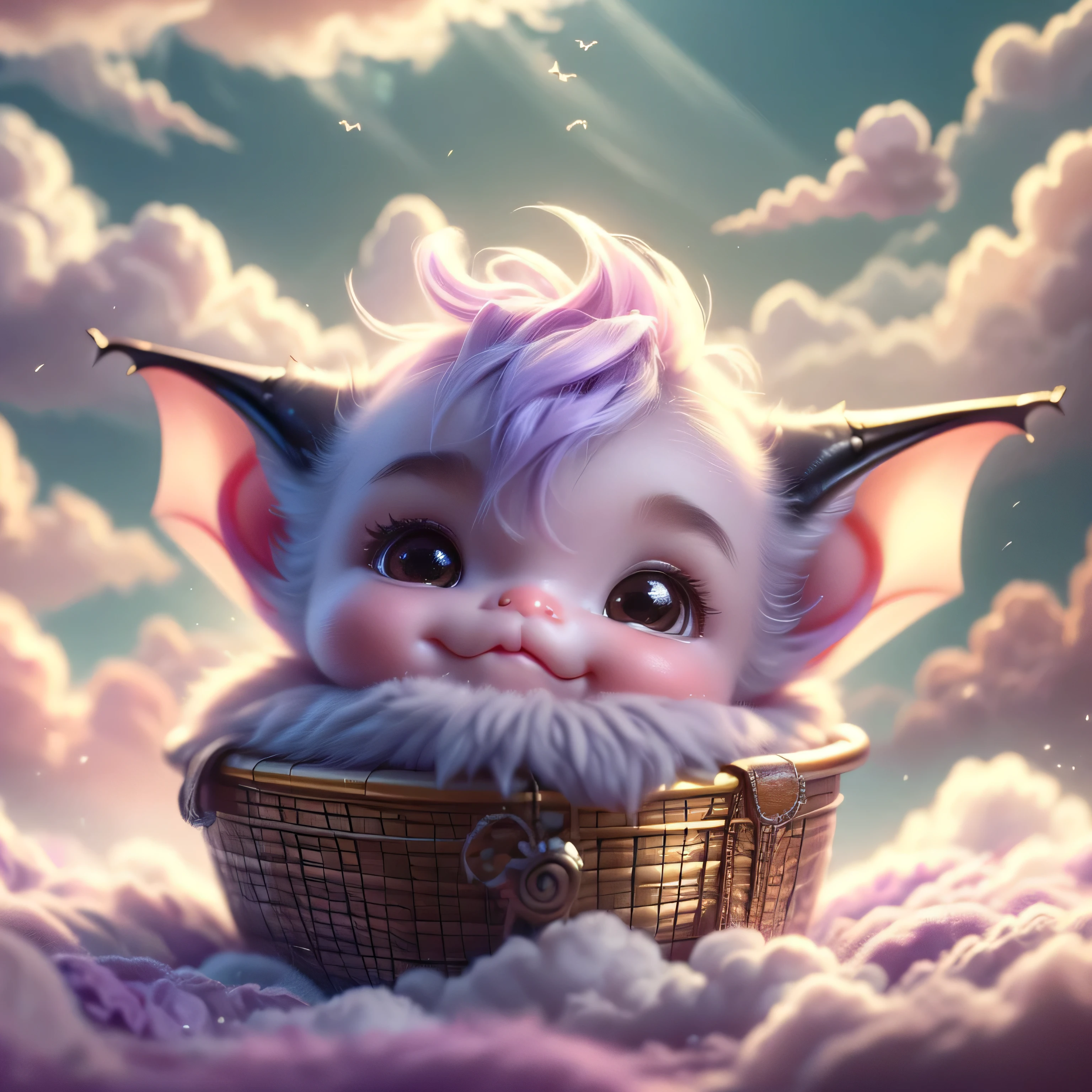 A beautiful, adorable  bat made entirely of soft purple clouds, peacefully nestled in a bed of fluffy clouds. The baby has a gentle, serene expression as it sleeps, with its soft, dream-like appearance. The surrounding clouds are colored in pastel shades of pink and lilac, creating a warm and dreamy atmosphere. The entire scene is bathed in a soft, ethereal light, enhancing the magical and fantastical quality of the image. The baby batuld appear as a seamless part of the cloudscape, blending perfectly with the surrounding clouds, but still maintaining distinct, realistic features that highlight its cuteness and charm.