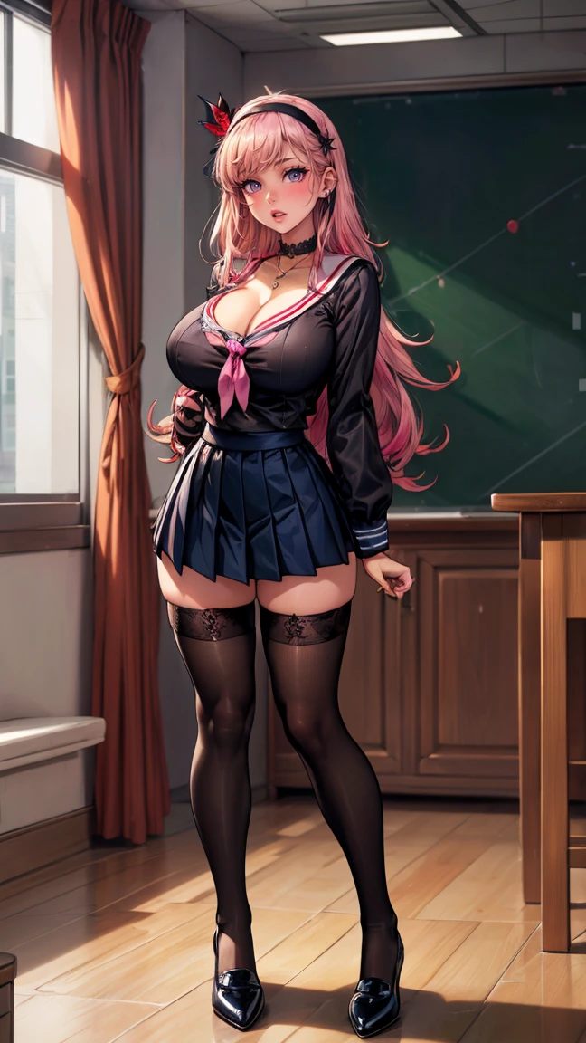 masterpiece, Beautiful art, professional artist, 8k, art style by sciamano240, Very detailed face, Detailed hair, detailed clothing, detailed fabric, 1 girl, perfectly drawn body, beautiful face, broad, Very detailed, wearing teacher clothes, thigh high boots, tube skirt, Glasses, looking angrily over Glasses, Sensual Lips , pink cheeks, School environment, detailed background, board , show details in the eyes.