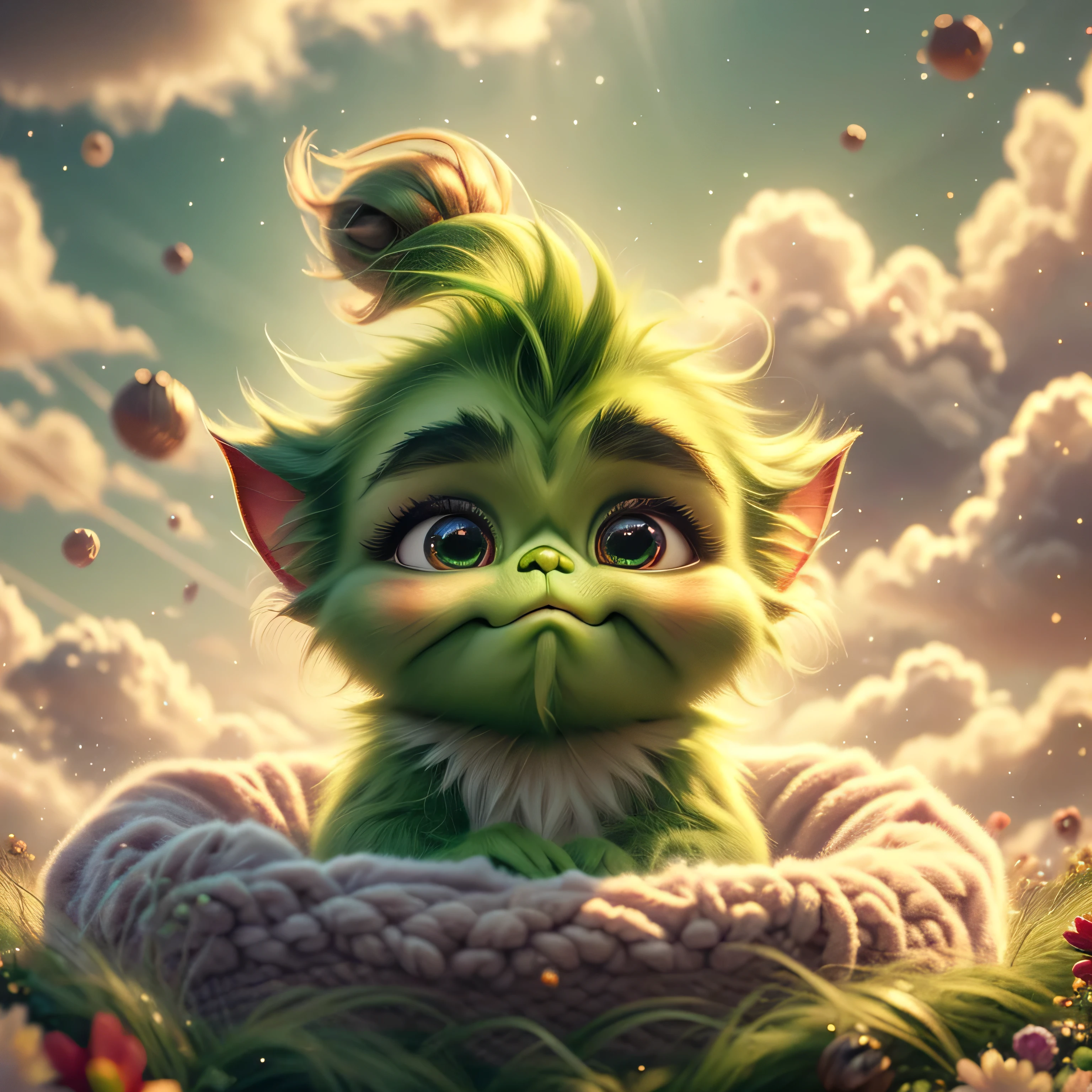 A beautiful, adorable  Grinch made entirely of soft green clouds, peacefully nestled in a bed of fluffy clouds. The babynch has a gentle, serene expression as it sleeps, with its soft, dream-like appearance. The surrounding clouds are colored in pastel shades of red and gold, creating a warm and dreamy atmosphere. The entire scene is bathed in a soft, ethereal light, enhancing the magical and fantastical quality of the image. The baby Grishould appear as a seamless part of the cloudscape, blending perfectly with the surrounding clouds, but still maintaining distinct, realistic features that highlight its cuteness and charm.