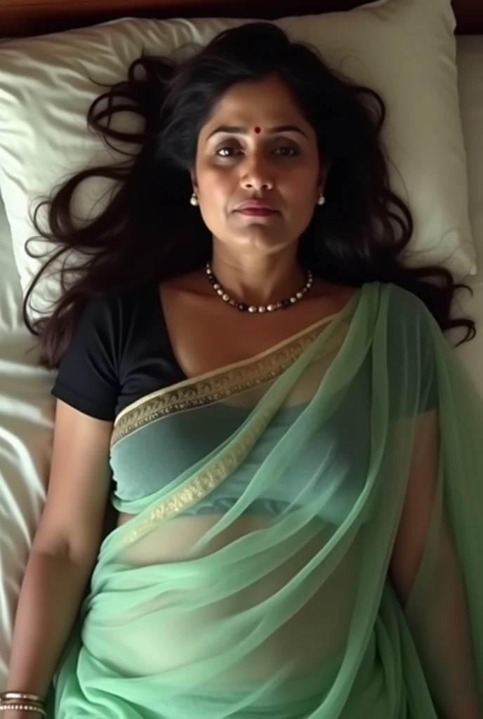 A 50 years old Indian woman,holding breasts with her hands,screaming from pain,painful face expression, putting a man's big 8 inch dick,big breasts,sexy figure,big ash,laying on a bed,wearing full length v neck green color silk nighty,on breast is visible,bun hair style,glowing skin,day time,shy smile,ultra realistic,8k,detailed clothing