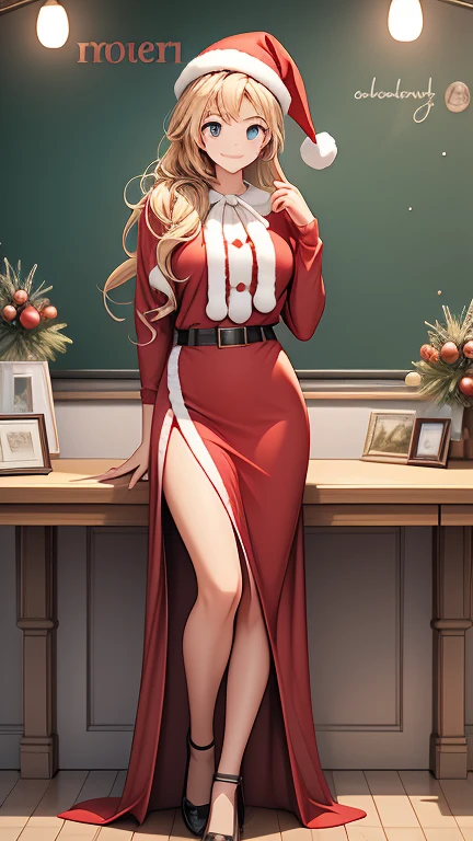  Christmas winter scenery   ， christmas illustration，masterpiece、 high definition  ， top quality， 8ｋ， RAW photos ，Hyper HD， ultra detail，Extremely realistic and detailed faces， cute face,  beautiful face，  beautiful womanの一人  、２9 years old、  school teacher    、 blonde alone   、  blue eyes、  sexy Santa Claus costume、    school classroom、    happy face 、    blackboard    、smile、((  Full body pose ))、((   beautiful woman))，Professional photography，