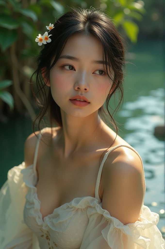 Slow deep-process Quality Images, Follow ai Top Score Criteria, Magazine Model body posture, 

1st priority resources allocated on Human Body extreme deep Details Focused
2nd priority eye face shape,
3rd priority breasts shape see-through-shadows,

Low priority and low quality on others,

D40-24-35 firmed body , natural young breast-D40 drop-shape, nice big areola shadow, breasts clear shape , height-175cm weight-58kg,

Long Hair Hazel Gold light-brown, rich Body Quality, 1girl, Solo, 

bright round wide big eye x1.08, detailed eye, high quality moist eye, large clear pupil , Light-turquoise-blue-lighting high definition eyes, big-light-glowing-eye,

Body arouse blush tighten, face blush, anglic glow skin, high Dopamine hypersexuality,

Wet soak moist-dress-organza see through fabric - white pure bright - transparent Light pajamas, young 16 year old, no face wrinkle , natural balanced tight v-face , ulthera sharp shape face, thin asean lip, happy-shy-smile, 

Farm house scene, wide perspective, Green-wet-leaves, angel glow fairy atmosphere, late afternoon sun light 45 degree, srong Backlighting , dry windy,

bokeh swirl background, look at camera, front face focused, Looking stare to viewer, half body down to hip image,Depth Of Field,, 
