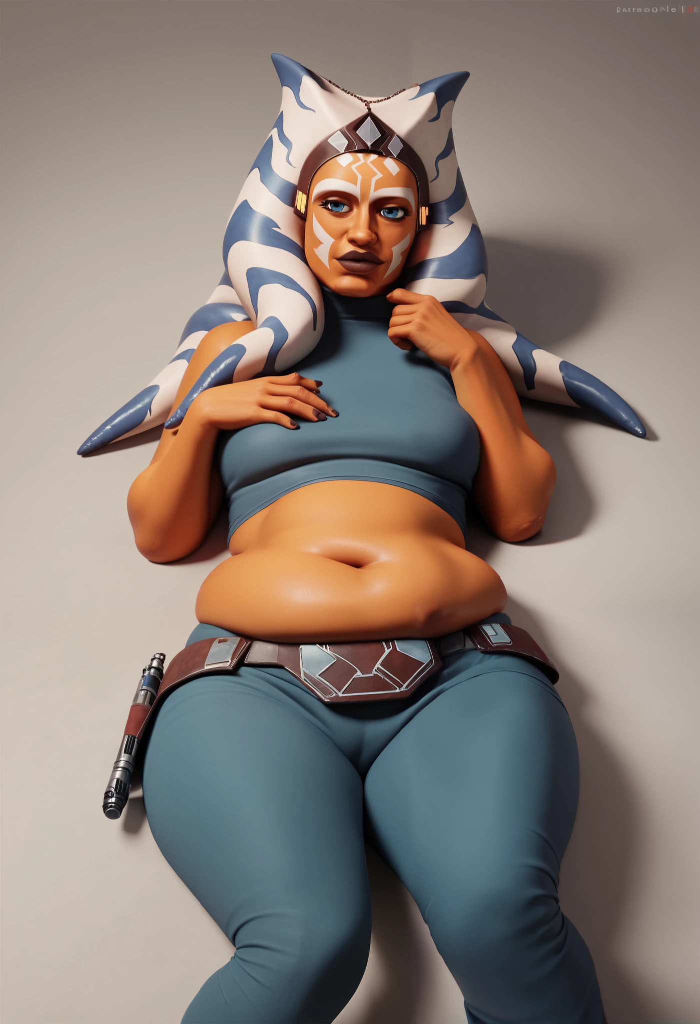 Ahsoka tano Star Wars in a starship, sovietic, chubby, wide hips, full outfit, laying on the ground, doing maintenance, 