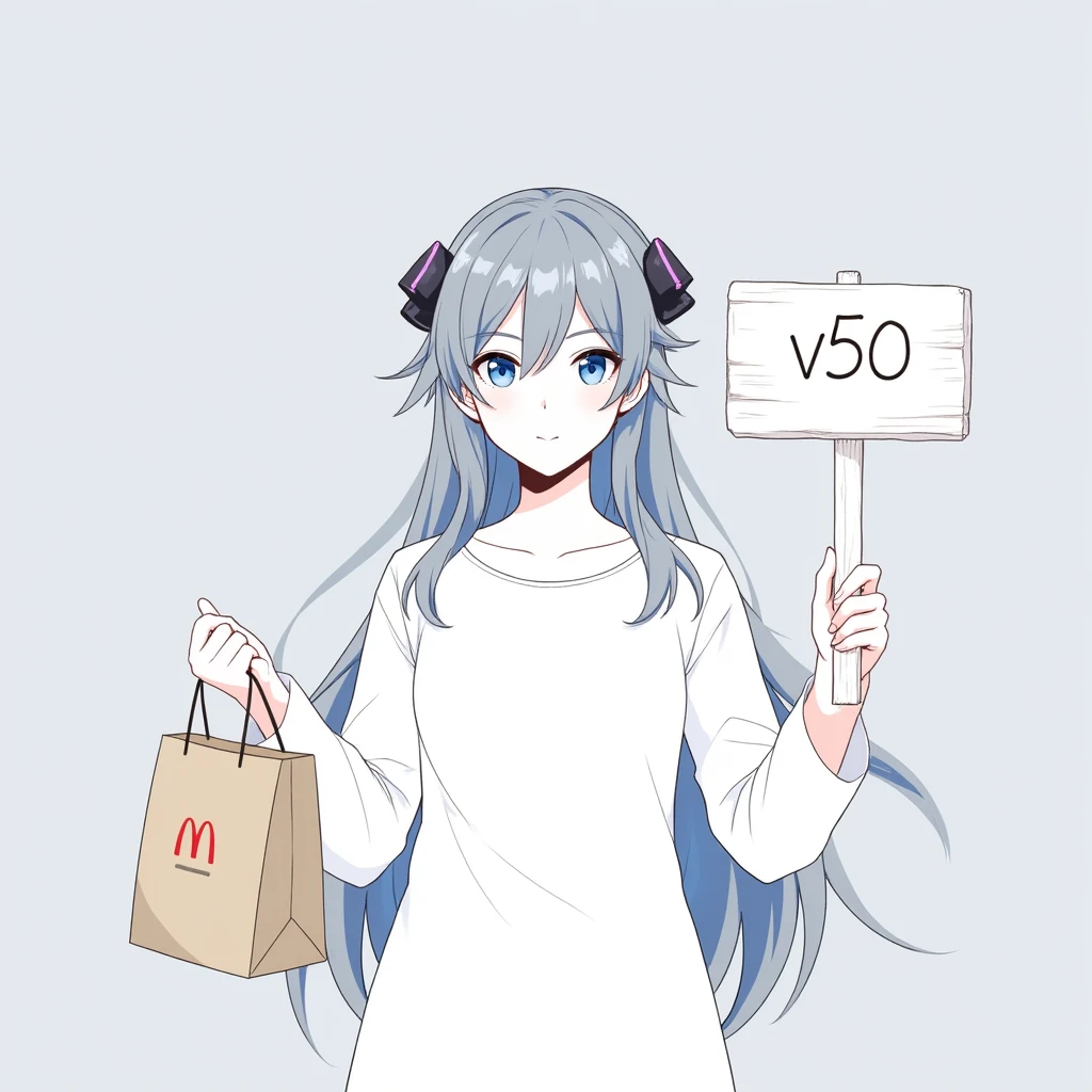 (grey background:1.2),looking at viewer,(SOLO:1.4),outline,simple background,upper body,looking at viewer,(((arms at side))),,fu hua, fu hua cgver, long hair, bangs, blue eyes, hair between eyes, ponytail, hair ornament, grey hair, blue hair, Holding a McDonald's paper bag in the left hand and raising a white wooden sign with "V50" written on it in the right hand.