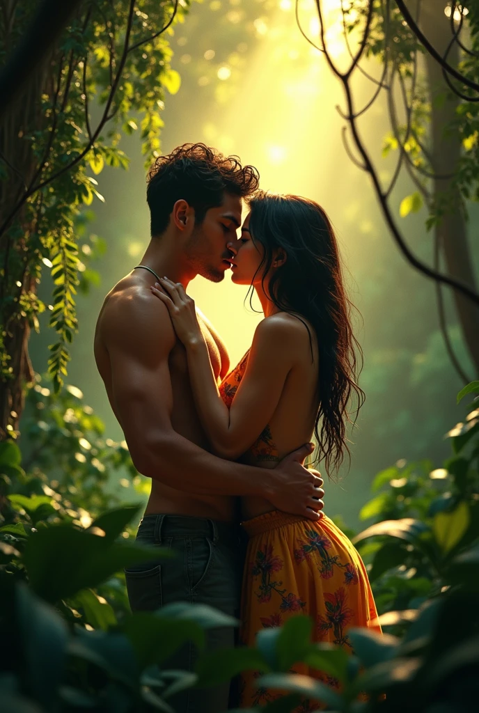 German woman, curvy hourglass body, wearing sarong, muscular man wearing underwear, kissing