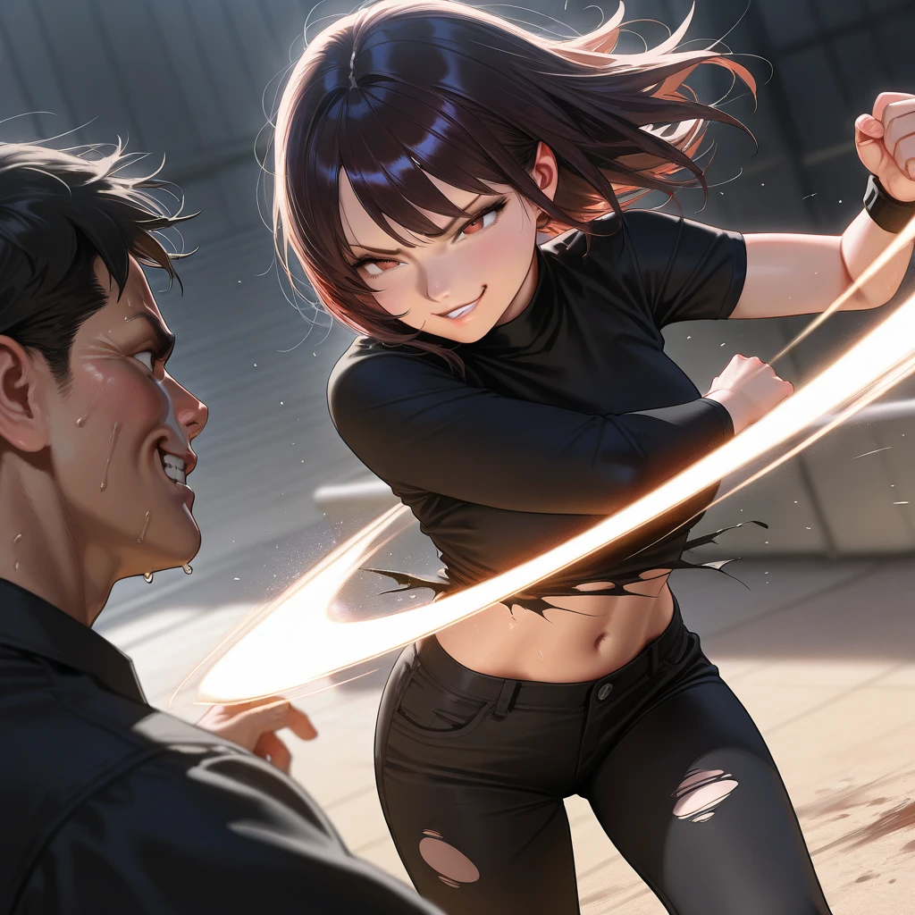 , 1girl, 1man, fight, battle, A man kicks a girl in the stomach, cute girl, Realistic image, detailed, score_7, score_8, score_9, torn clothes, smirk face, pain face, shock wave effect, 