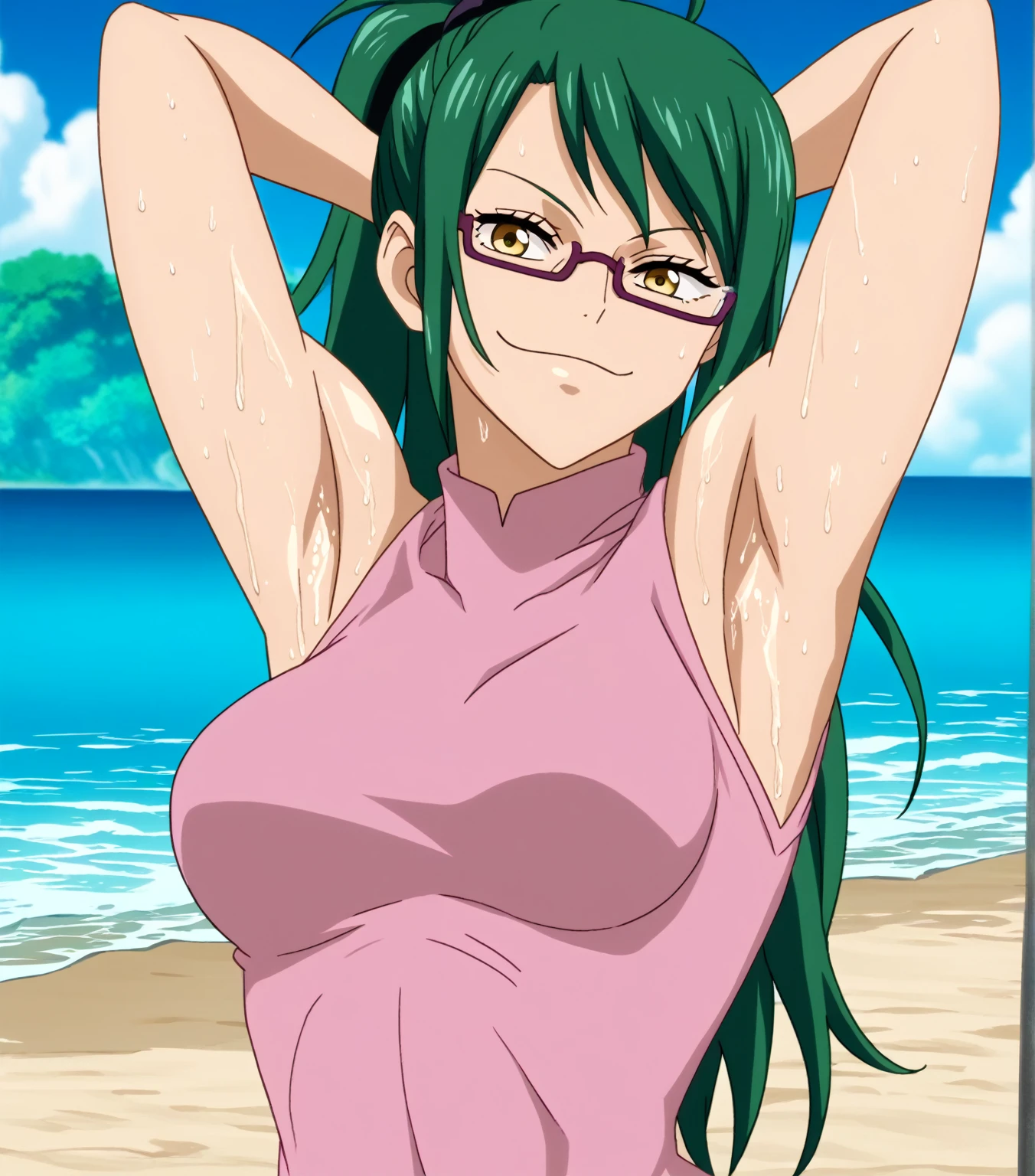 score_9, score_8_up, score_7_up, source_anime, anime screencap, 1girl, solo, maki zenin, ponytail, long hair, green hair, yellow eyes, glasses, medium breasts, arms behind head, armpits, looking at viewer, head towards viewer, smile, closed mouth, badhandv4, outdoors, beach, sweaty armpits