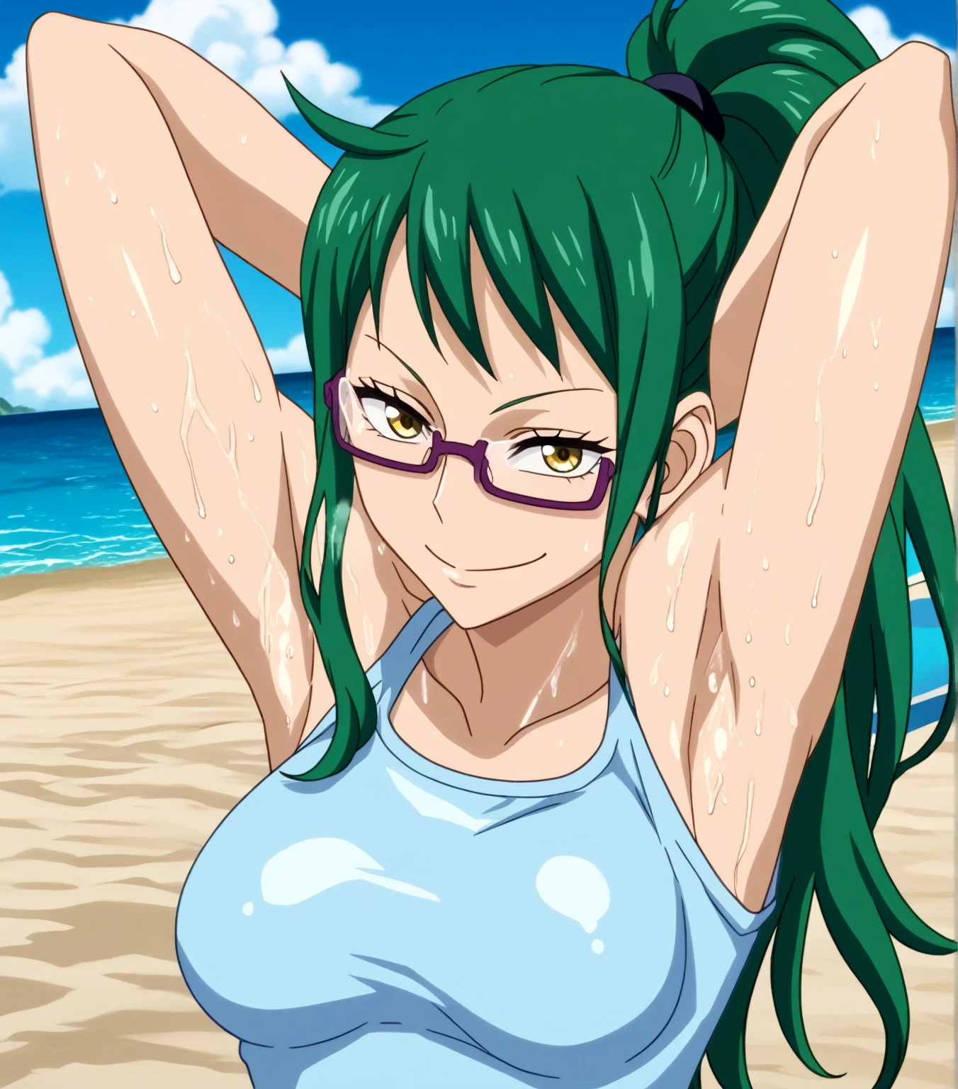 score_9, score_8_up, score_7_up, source_anime, anime screencap, 1girl, solo, maki zenin, ponytail, long hair, green hair, yellow eyes, glasses, medium breasts, arms behind head, armpits, looking at viewer, head towards viewer, smile, closed mouth, badhandv4, outdoors, beach, sweaty armpits