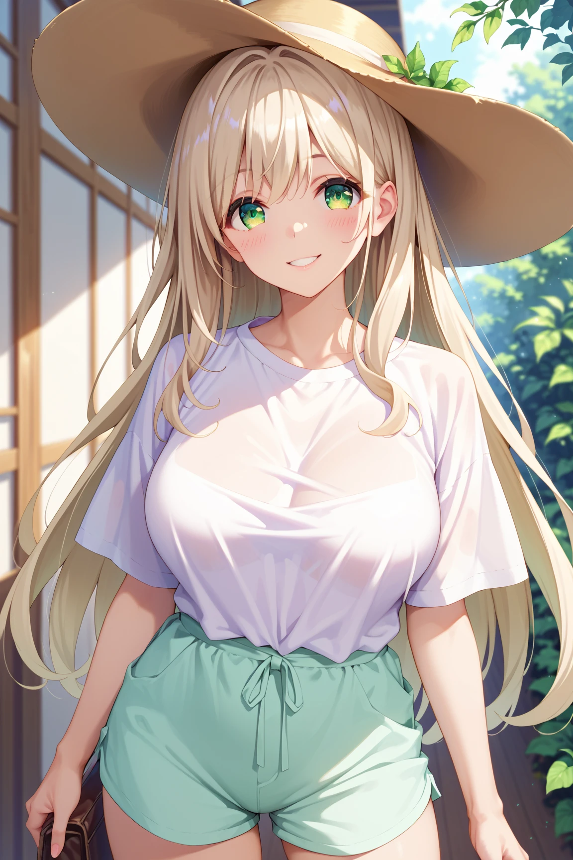 masterpiece, best quality, 8k Ultra HD, extremely delicate detailed, nonomi izayoi, cowboy shot, (no hat:1.3), shoot from front, solo, beautiful face, light green eyes, (finely detailed eyes, beautiful eyes), large and beautiful breasts, (long hair, light Ivory hair), light smile, blush, standing, (baggy clothes:1.2), t-shirt, (tented shirt:1.3), shirt overhang, Low rise shorts,