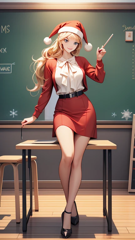  Christmas winter scenery   ， christmas illustration，masterpiece、 high definition  ， top quality， 8ｋ， RAW photos ，Hyper HD， ultra detail，Extremely realistic and detailed faces， cute face,  beautiful face，  beautiful womanの一人  、２9 years old、  sexy Santa Claus costume， school teacher    、 blonde alone   、  blue eyes、   school classroom、    happy face 、    blackboard    、smile、((  Full body pose ))、((   beautiful woman))，Professional photography，