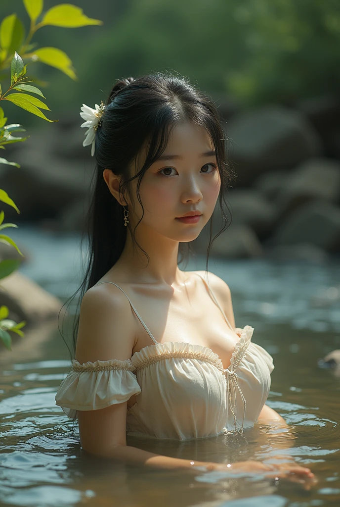 (8K、Live shooting、realistic:1.25)、1 girl、A fairy like a 14 year old girl with a beautiful face、in the forest、Floating in the air and looking down from above、buckshot、fairy wings are transparent、shy smile、whole body、luminous bikini swimsuit、、lip gloss、Glossy skin、highest quality、ultra high resolution、
