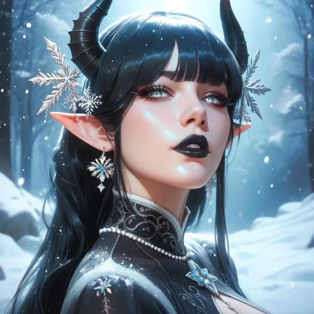 ((Masterpiece)), ((highres)), a beautifully detailed woman with black demon horns with snowflakes on them, pale skin almost grey, defined eyes, grey iris, dark eye shadow, long eyelashes, elf ears, defined lips, black lipstick, long black hair, ((no bangs)), hourglass body, big butt, black clothing, snow around her, full moon background, yule asthetic, snowflakes falling