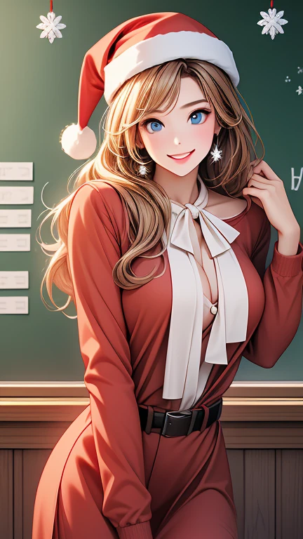  Christmas winter scenery   ， christmas illustration，masterpiece、 high definition  ， top quality， 8ｋ， RAW photos ，Hyper HD， ultra detail，Extremely realistic and detailed faces， cute face,  beautiful face，  beautiful womanの一人  、２9 years old、  sexy Santa Claus costume， school teacher    、 blonde alone   、  blue eyes、   school classroom、    happy face 、    blackboard    、smile、((   cowboy shot leading to the climax ))、((   beautiful woman))，Professional photography，