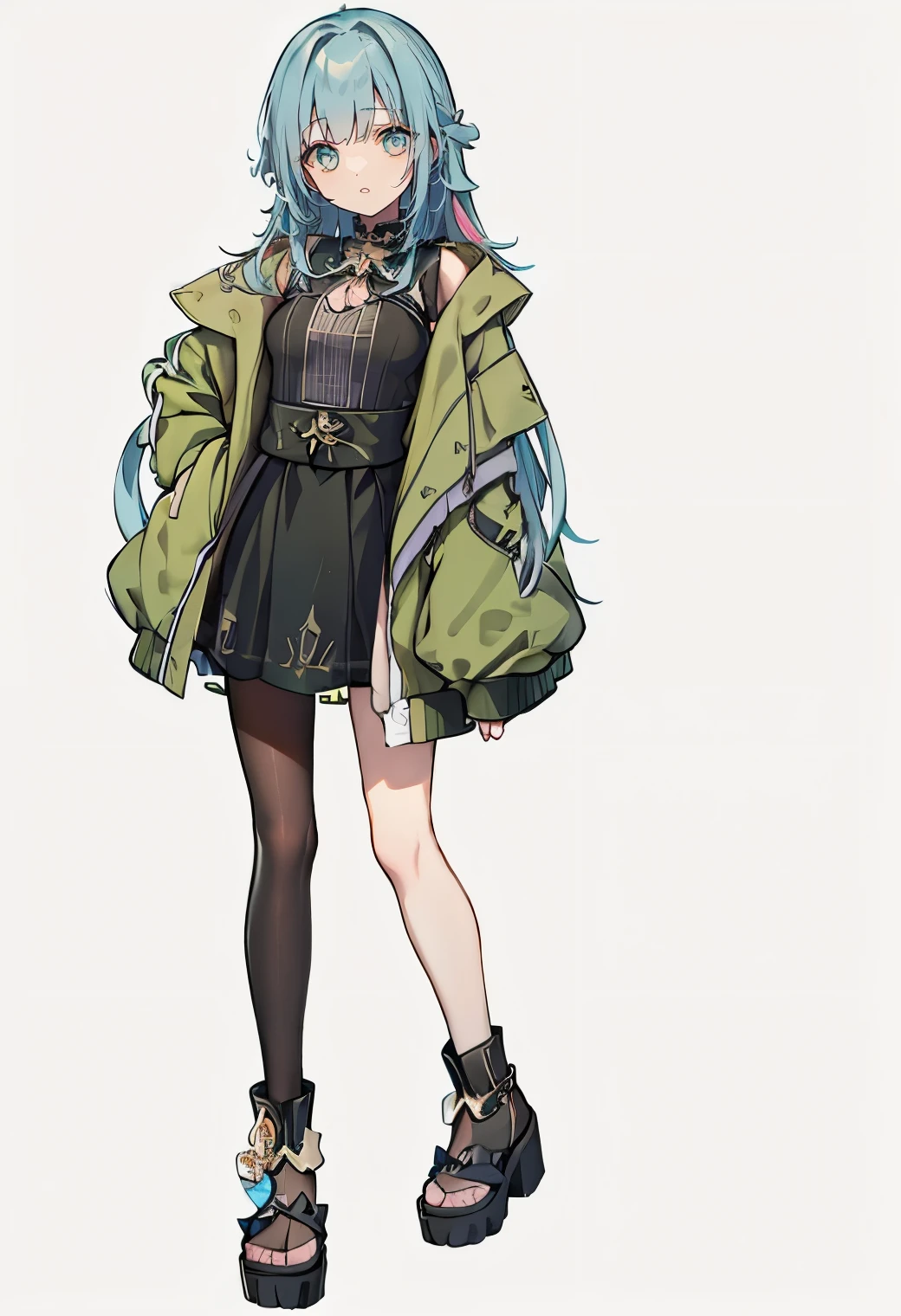 Close up of a person wearing a green coat and black shoes, detailed anime character art , Anime Character Design, Interesting Character Designs , artstation pixivでトレンド入り,  I began to feel  ,  Official Character Art , pretty Anime Character Design, anime character art , Anime full body illustration, Character transfer , ( ( Character concept art ) ), best Anime Character Design,((long hair))