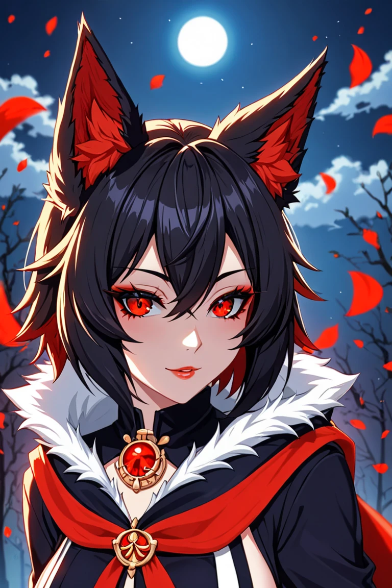 Dog girl ,  black fur, Red Eyes, Fluffy,  fröhlich, Moonlight