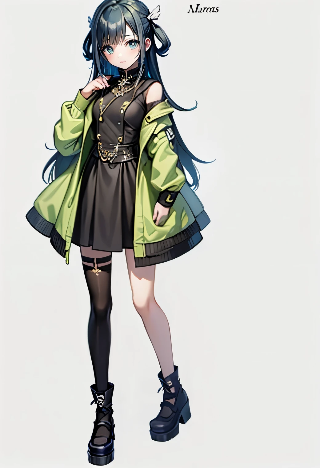 Close up of a person wearing a green coat and black shoes, detailed anime character art , Anime Character Design, Interesting Character Designs , artstation pixivでトレンド入り,  I began to feel  ,  Official Character Art , pretty Anime Character Design, anime character art , Anime full body illustration, Character transfer , ( ( Character concept art ) ), best Anime Character Design,((long hair))