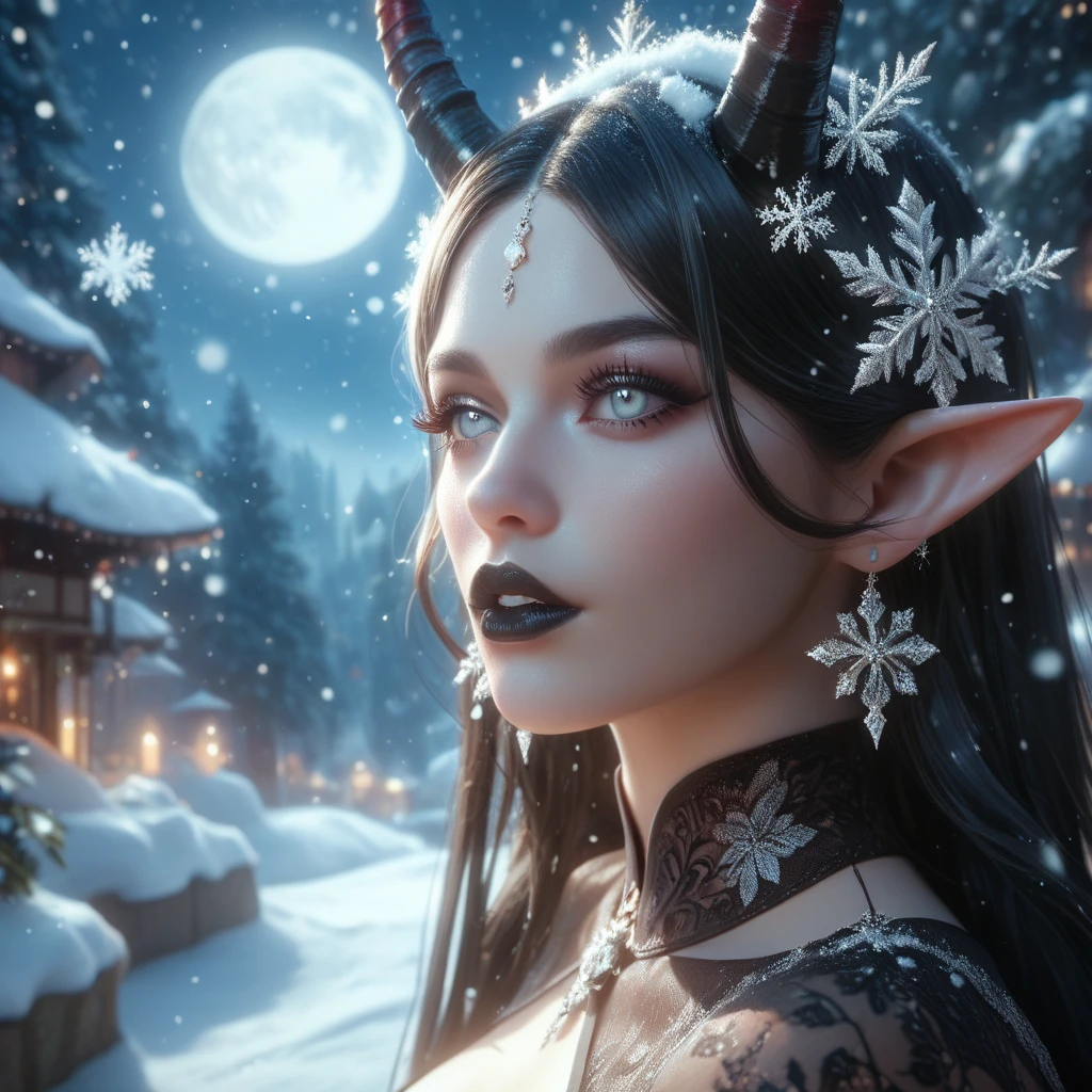 ((Masterpiece)), ((highres)), a beautifully detailed woman with black demon horns with snowflakes on them, pale skin almost grey, defined eyes, grey iris, dark eye shadow, long eyelashes, elf ears, defined lips, black lipstick, long black hair, ((no bangs)), hourglass body, big butt, black clothing, snow around her, full moon background, yule asthetic, snowflakes falling