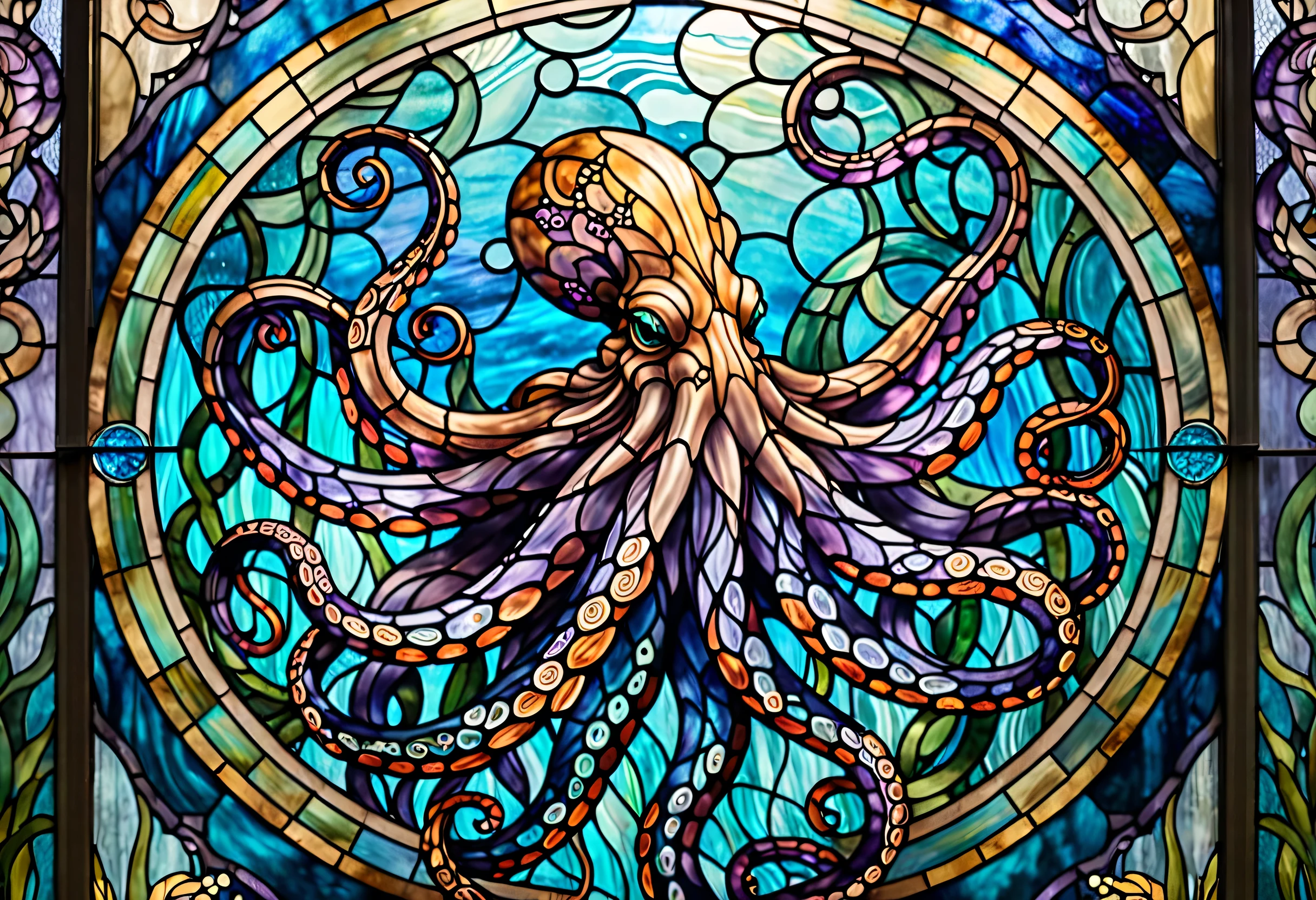 a close up of a stained glass picture of an Octopus, Vector art by Meredith Dillman, Shutterstock, Art Nouveau, Cthulhu squid, Cephalopods , anthropomorphic Octopus, Octopus goddess, stained glass art , Brilliant Tentacles , leviathan Cthulhu squid, Cthulhu, photo of Cthulhu, Octopus, an Octopus'garden, portrait of an Octopus goddess