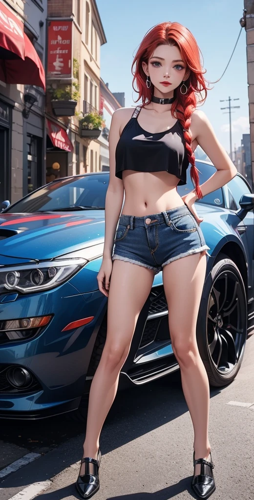  high definition ,  high detail,  Best quality ,  high quality, full length ,full frame, full-length girl , red hair, double braids, Breasts, earrings,  blue eyes , makeup, scarlet lips,  short denim shorts ,crop top,black shoes ,posing while standing in front of a sports car 