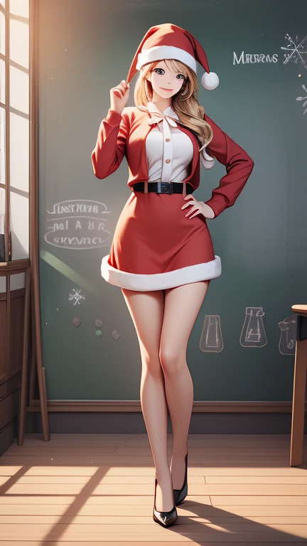  Christmas winter scenery   ， christmas illustration，masterpiece:1.2、 high definition  ， top quality， 8ｋ， RAW photos ，Hyper HD， ultra detail， facial，Extremely realistic and detailed faces， cute face,  beautiful face，  beautiful womanの一人  、２9 years old、  sexy Santa Claus costume， school teacher    、 blonde alone   、  blue eyes、   school classroom、    happy face 、    blackboard    、smile、((   full body shot ))、((   beautiful woman))，Professional photography，