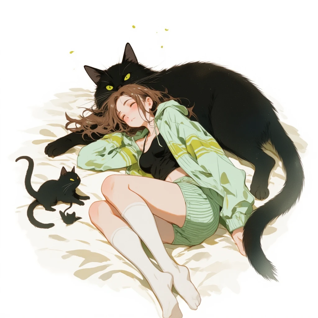 Watercolor painting illustration, full body, A cute-young-lady is sleeping on bed and A big-black-cat is sleeping in a sphinx position over the cute-young-lady, A big-black-cat is 1cat\(A fat furry male black cat, His Ears tilted back and spread out to the sides, drooping ears, Slit yellow eyes, slit eyes, slit yellow eyes\), A cute-young-lady is 1lady\(brown hair, asymmetrical hair, Lime Green eyes, A light green horizontal striped open-front hoodie over a black camisole, Light green striped shorts, White thigh high socks\), simple white background