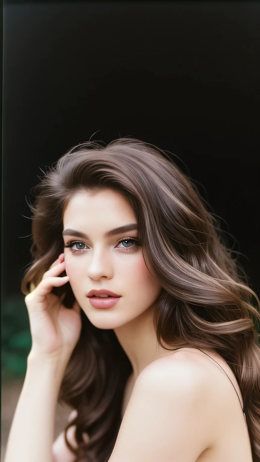 very beautiful dreamy girl, supermodel face, beautiful Hair with highlights, detailed hair,beautiful big , modern black luxury dress fashion style, field Hibiscus background, pale skin, film analog, grainy film