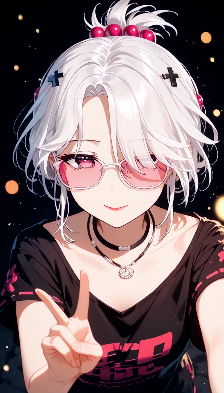 ((best quality)), ((masterpiece)), (detailed), perfect face. White hair. Short hair. Inner pink hair. Nekomimi. Anime girl. Pink eyes. Glowing eyes. Smiling. Glasses.