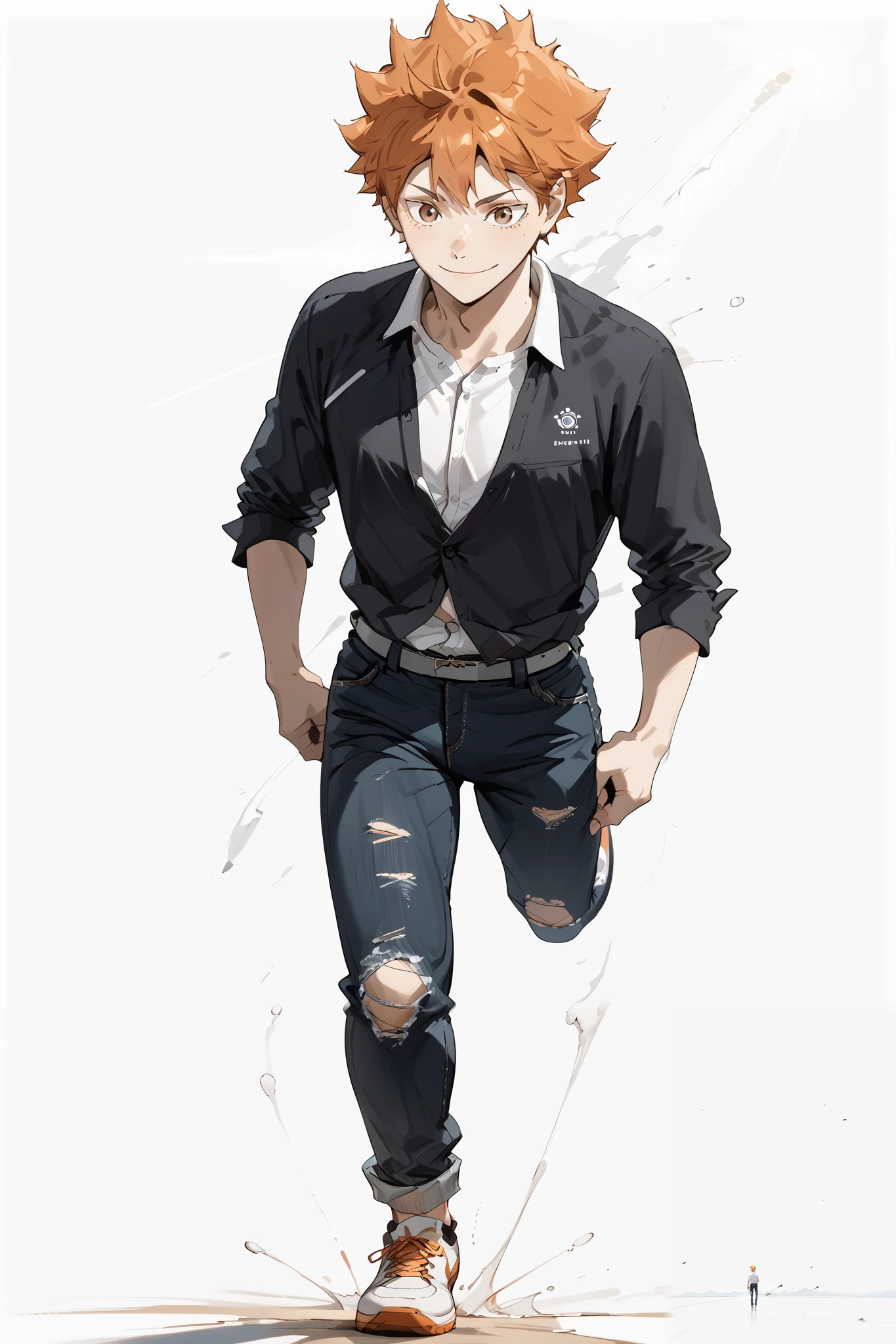 best quality, masterpiece, highres,1man,shoyo hinata,((fullbody)),stand up,long legs,smile,orange hair ,black formal shirt,ripped jeans,volley ball on right hand,looking at viewers,front look,(high detailed skin:1.2), 8k uhd, dslr, soft lighting, high quality, Photograph, high resolution, 4k, 8k, Bokeh, plain white background