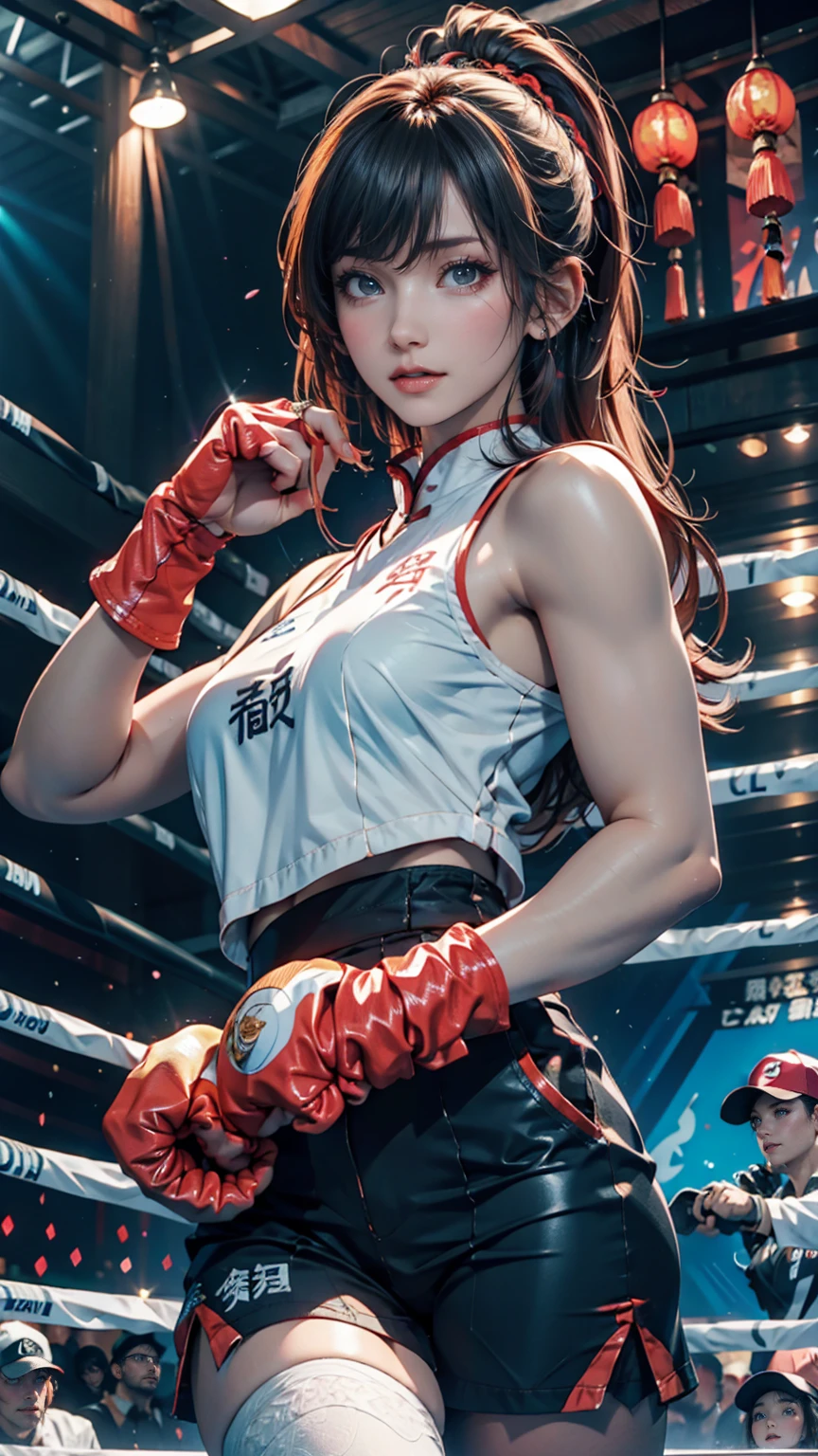 Masterpiece, top quality, (realistic, realistic: 1.4), (RAW photo: 1.2), very delicate CG Unity 8K wallpaper, very delicate beautiful, wonderful, boxing pose, attention to detail, official art, ridiculous, incredibly ridiculous, huge file size, very fine, very delicate, beautiful eyes and face, beautiful delicate eyes, light on face, a girl, ponytail, (pompom) navel, half, PE uniform short sleeve crop top t-shirt, boxing gloves, bare arms, bangs, Boxing Gym, Boxing Ring, ULZZANG-6500-v1.1