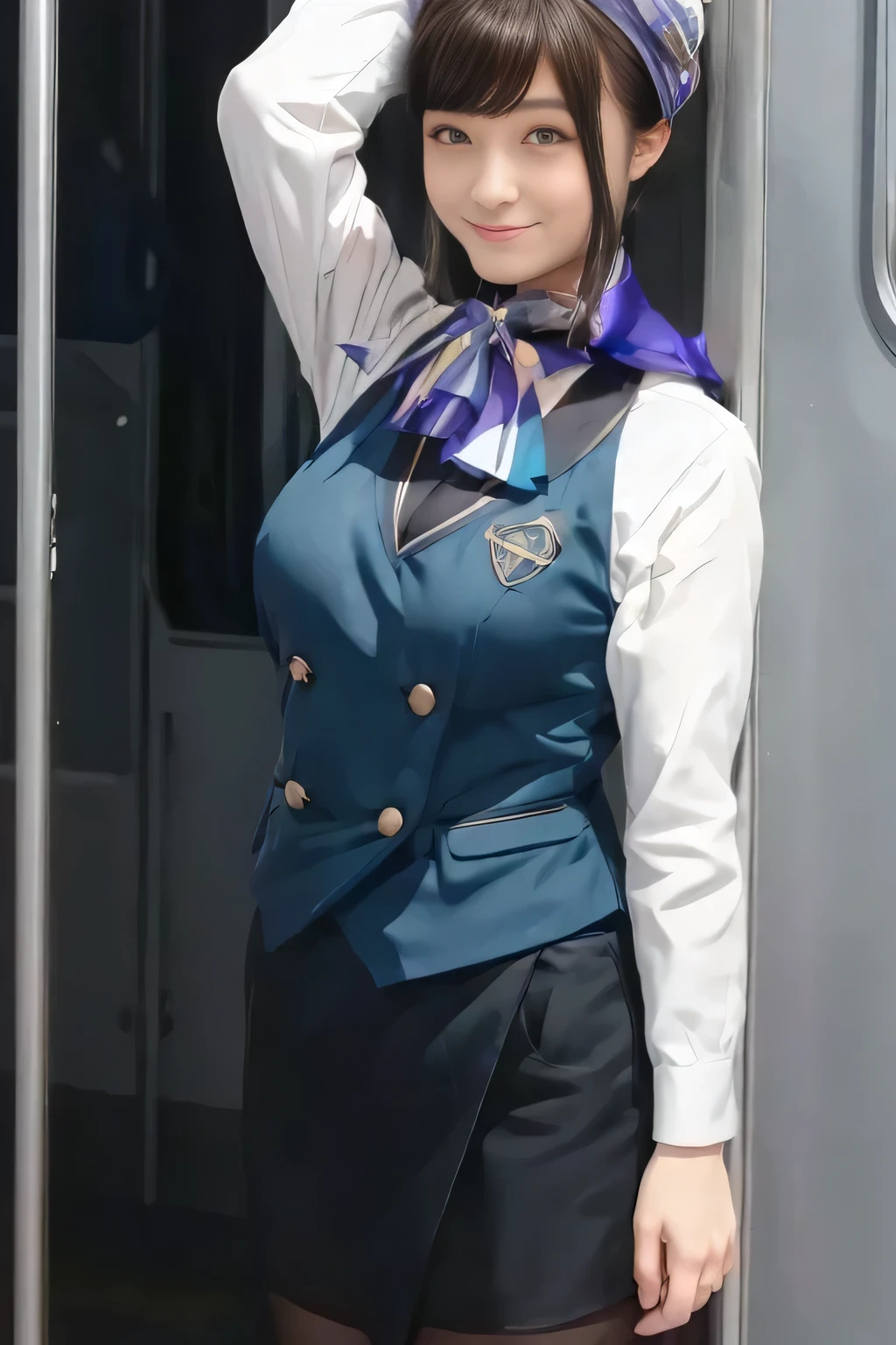 ( masterpiece :1.2,  top quality:1.2), 32kHDR,  kampala, (Alone、  1 girl)、（what 、  Professional Lighting ）、In-flight background、（Nankai Train crew uniformを着たリアルなスタイル）、（（Nankai Train crew uniformのグリーンのベスト））、（（ Nankai train crew uniform collarless white long sleeve blouse）） 、（（Nankai Train crew uniformのキュロットスカート 、 wrap a scarf around your neck ））、  lots of dark brown hair  、（  long hair、Hair tied up、Hair tied up）、  lots of dark brown hair  、 Long Hit 、Big Breasts、Thin legs、（（ Amazing hands ：2.0）），（（ Harmonious physique  ：1.5）），（（Normal limbs：2.0）），（（The usual ：2.0）），（（  delicate eyes ：2.0）），（（Normal eyes：2.0））)、smile、（Nankai Train crew uniformを着た美しい姿）、Hands folded under the body 