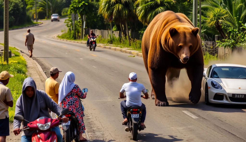 A highly detailed image of Indonesian villagers, wearing casual T-shirts and hijabs, gathering on a rural roadside to watch a giant bear rampaging. The massive bear is aggressively devouring a damaged sports car, with visible dents and torn metal. The crowd appears both shocked and curious, maintaining a cautious distance. The setting is a rural Indonesian highway surrounded by lush greenery, with motorcycles and small local vehicles parked nearby. The atmosphere is tense, with dusty air and dramatic lighting emphasizing the chaos. 8K resolution, cinematic style. Camera: wide-angle lens, 35mm, medium shot, natural lighting.