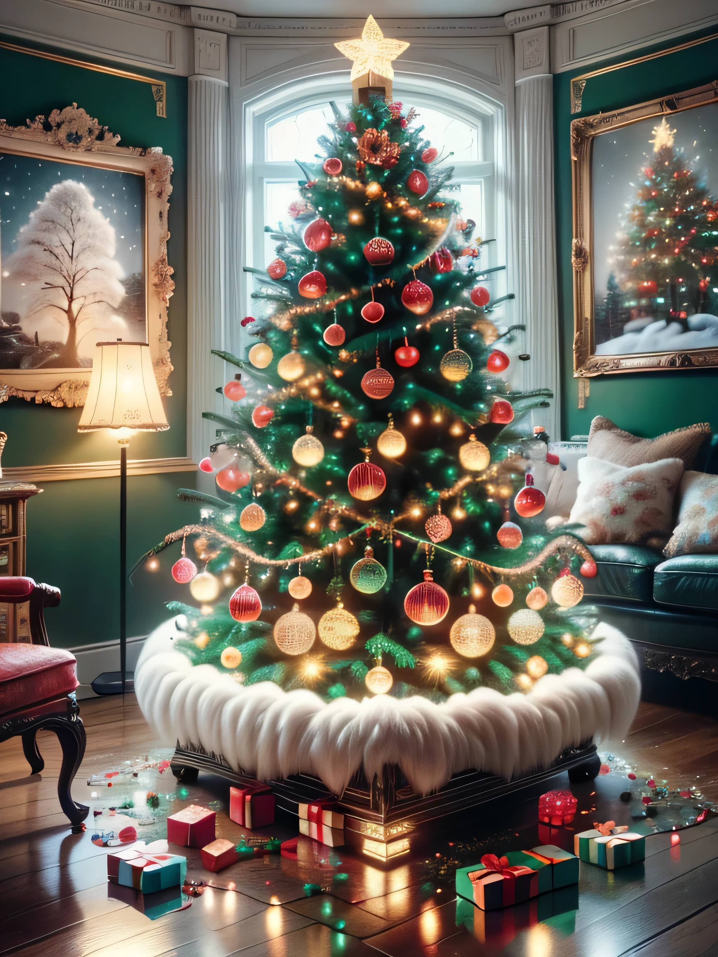 (Best Quality, Super Detail, Masterpiece, Representative Work, Official Art, Professional, Super High Detail, 8k:1.3) Christmas tree, created with garlands on the wall. The tree should be brightly lit, with multi-colored lights hanging from top to bottom. Use garlands in different shapes: some of them form the classic silhouette shape of the tree, and others create textures and patterns around it, in the form of Christmas tree ornaments and snowflakes. In the background is an image of a cozy room with warm lighting, decorated with Christmas decorations, such as hanging stockings, garlands and wreaths. Add details, such as soft toys and gifts under the "tree", to create a festive and cozy atmosphere. Aurorastyle, Highly detailed Dynamic shot, high quality, beautiful masterpiece, kawaii, digital art, glowing sparkles, Realistic, Beautiful, Soft Volumetric Light, (Backlight:1.3), (Cinematic:1.2), Intricate Details, (ArtStation:1.3), --auto --s2