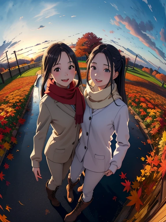 masterpiece，  top quality ，  high image quality ，(   super flat   ,   Flat Shading )，   fisheye lens ， Beautiful young mother and lovely daughter，   warm scarf ， (naked)， long hair，   boots, smile, smile，White Breath，fun, play，White Breath，Autumn park garden，  Fall Leaves 　Vaginal discharge，Autumn sky，dusk， Beautiful Sunsets ，Wide angle，   bright color，watercolor, Ghibli style，Strong winds， Girl Temptation，