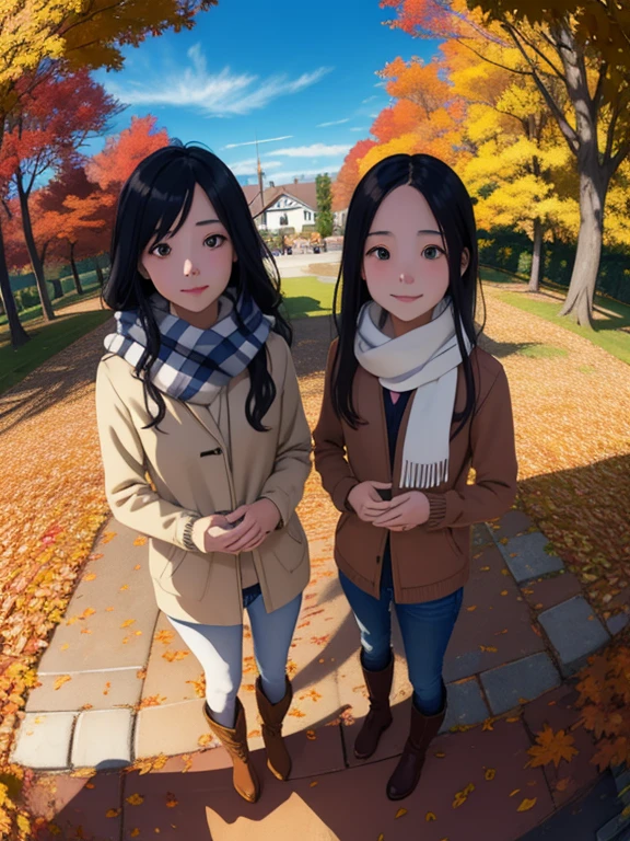 masterpiece，  top quality ，  high image quality ，(   super flat   ,   Flat Shading )，   fisheye lens ， Beautiful young mother and lovely daughter，   warm scarf ， (naked)， long hair，   boots, smile, smile，White Breath，fun, play，White Breath，Autumn park garden，  Fall Leaves 　Vaginal discharge，Autumn sky，dusk， Beautiful Sunsets ，Wide angle，   bright color，watercolor, Ghibli style，Strong winds， Girl Temptation，