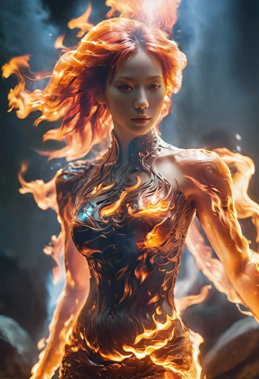 (Flame/flame/loimu，dynamic scene:1.3)，studio photo, Beautiful robot metal woman standing alone, strange fantasy images, Strange glowing rock, The beautiful, Detailed pubic hair, long and flowing hair, medium, great skin texture