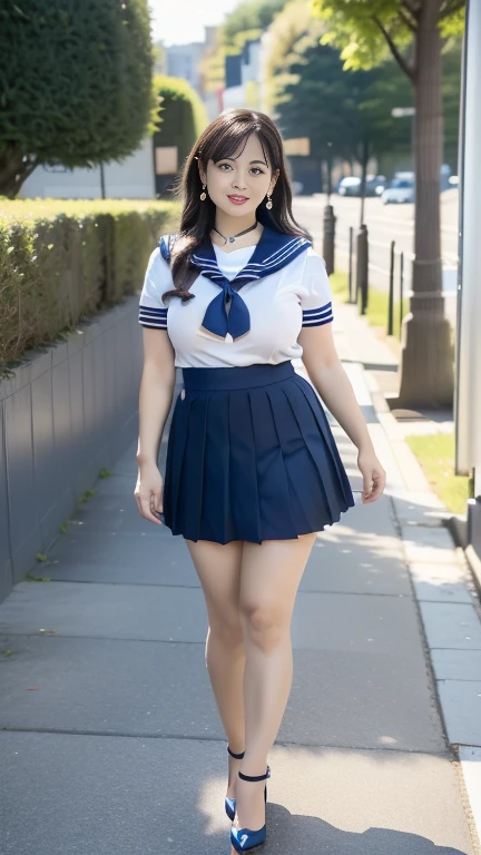 full body shot, from below,  japanese mature, (60 years old),  detailed face , smile, Facial wrinkles, Wrinkles around the eyes,  Detailed Skin Textures ,  white skin,  long hair , (curvy body,  plump thighs:1.3), (Old body), (earrings,  Necklaces ,  sailor suit, school uniform, sailor uniform, sailor collar, sailor collar ribbon, Short sleeve,  navy blue pleated micro mini skirt:1.2), ( wears high heels:1.2), (Standing on the sidewalk,  full body shot from toe to head wearing black high heels,:1.2), (surrealism, best quality, ultra detailed, absolutely resolution, 8k, anatomically correct), depth of field, looking at viewer, (kz),  detailed face , full body, model posing, 60 years oldの熟女がコスプレしている