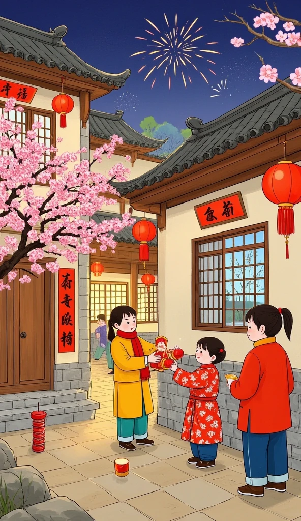 In the corner of the yard，  A plum tree with pink flowers ，  add a splash of color to the new year。  Beautiful window flowers hanging from the eaves ，  x} on the windows  。 