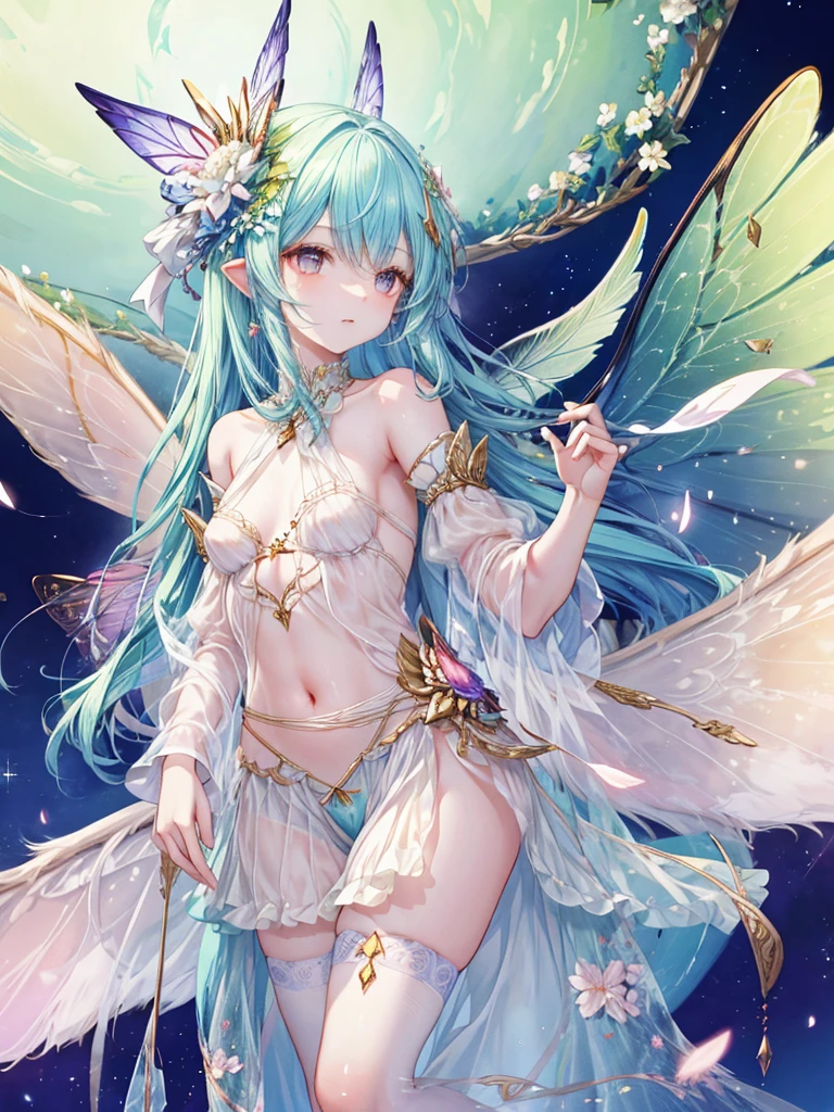 4K,High resolution,One Woman,Fairy,Blue Hair,Long Ponytail,Green Eyes,Big Breasts,butterfly_wings,knight,White knight dress,hair band,Jewelry decoration,Long sword,in the forest