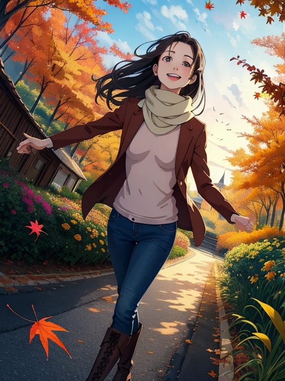 masterpiece， top quality， high image quality，( super flat， Flat Shading )， fisheye lens，Beautiful young mother and lovely daughter， warm scarf ， (naked)， long hair， boots, smile, smile，White Breath，fun, play，White Breath，Autumn park garden， Fall Leaves ，Autumn sky，At dusk，Beautiful sunset，Wide angle，   bright color，watercolor, Ghibli style，Strong winds， Girl Temptation，